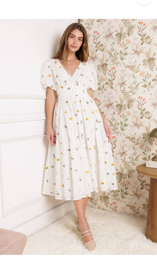 Sunshine emboidered-buttoned midi dress